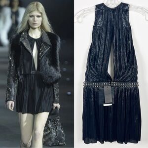 Philipp Plein Elisa Silk Blend Studded Belted Pleated Mini Dress Small NWT Black